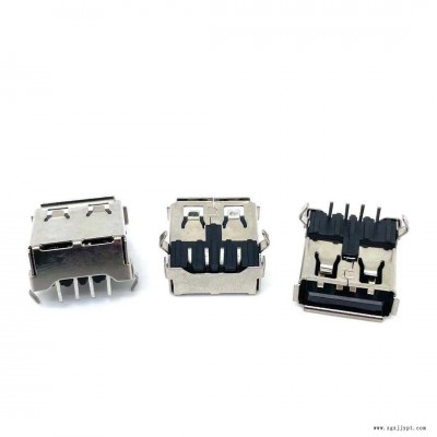 USB 母座 2.0 贴板 4P 直脚 90度插板 有柱 卷边 LCP米黄胶图2